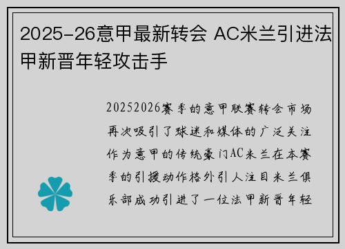 2025-26意甲最新转会 AC米兰引进法甲新晋年轻攻击手