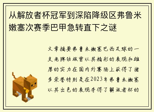 从解放者杯冠军到深陷降级区弗鲁米嫩塞次赛季巴甲急转直下之谜