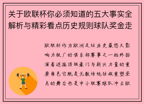 关于欧联杯你必须知道的五大事实全解析与精彩看点历史规则球队奖金走势